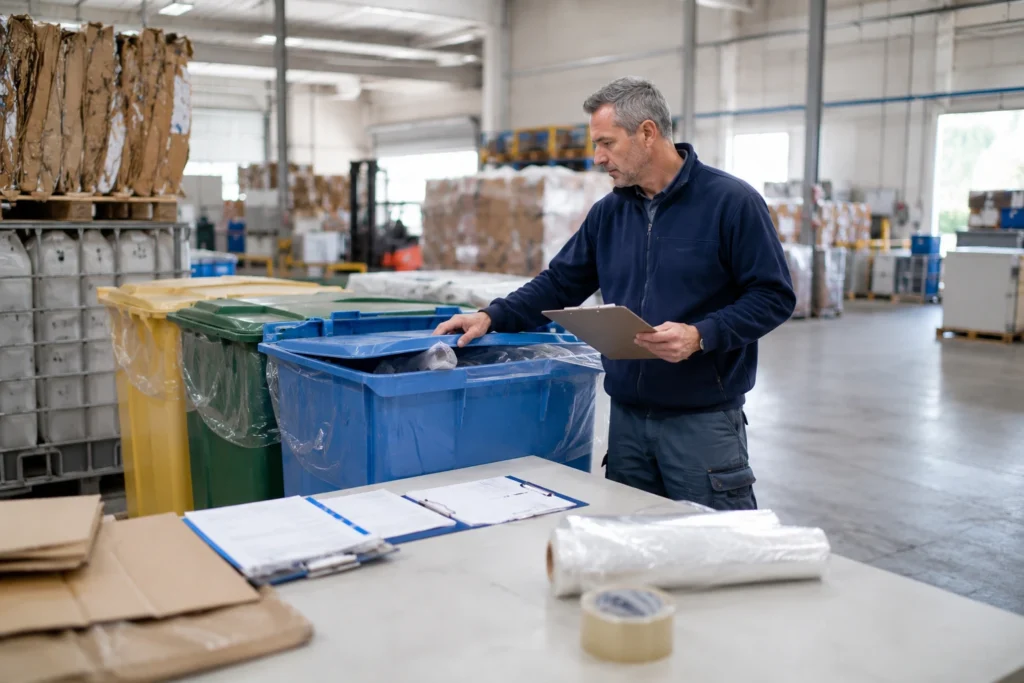 Gestión de residuos para empresas con cartón, plásticos y materiales separados para reciclaje