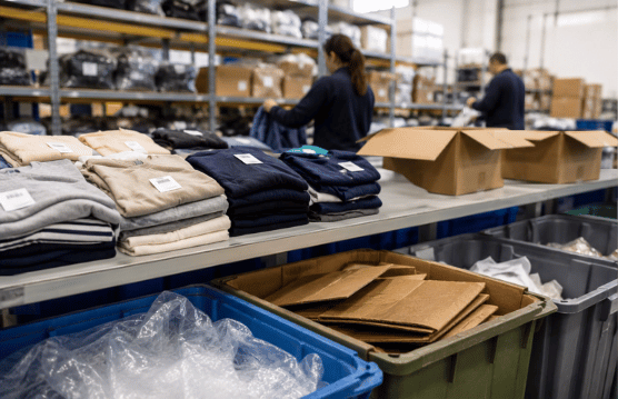 Prendas textiles separadas con cajas y contenedores para materiales reciclables