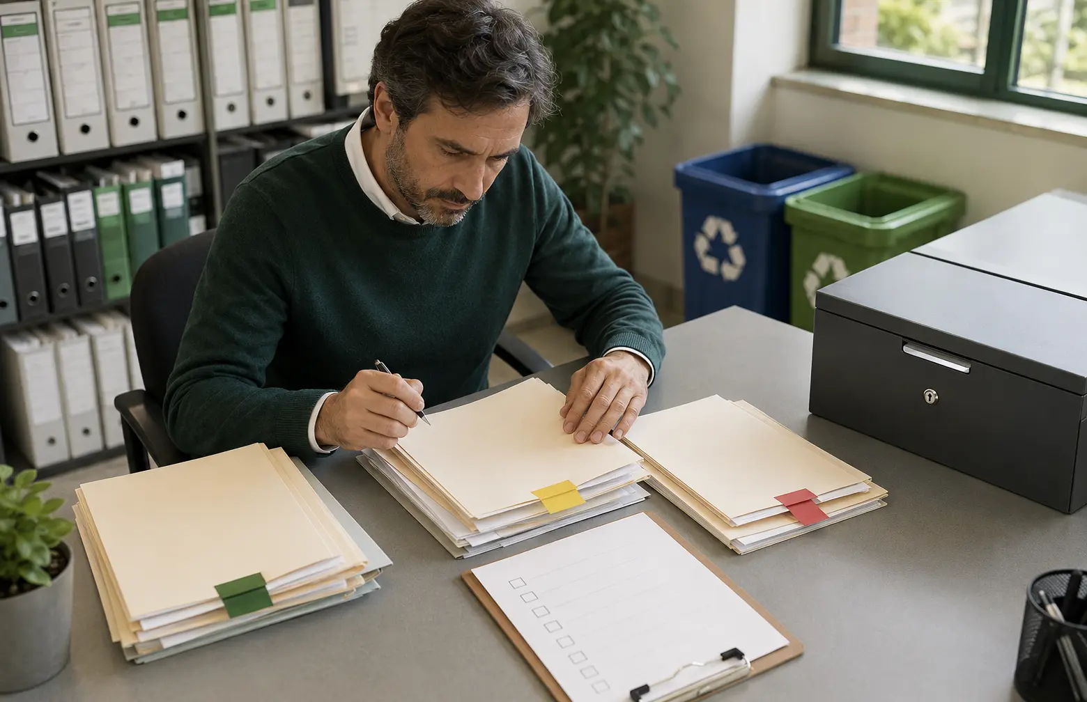 responsable de empresa revisando un checklist antes de destruir documentación confidencial