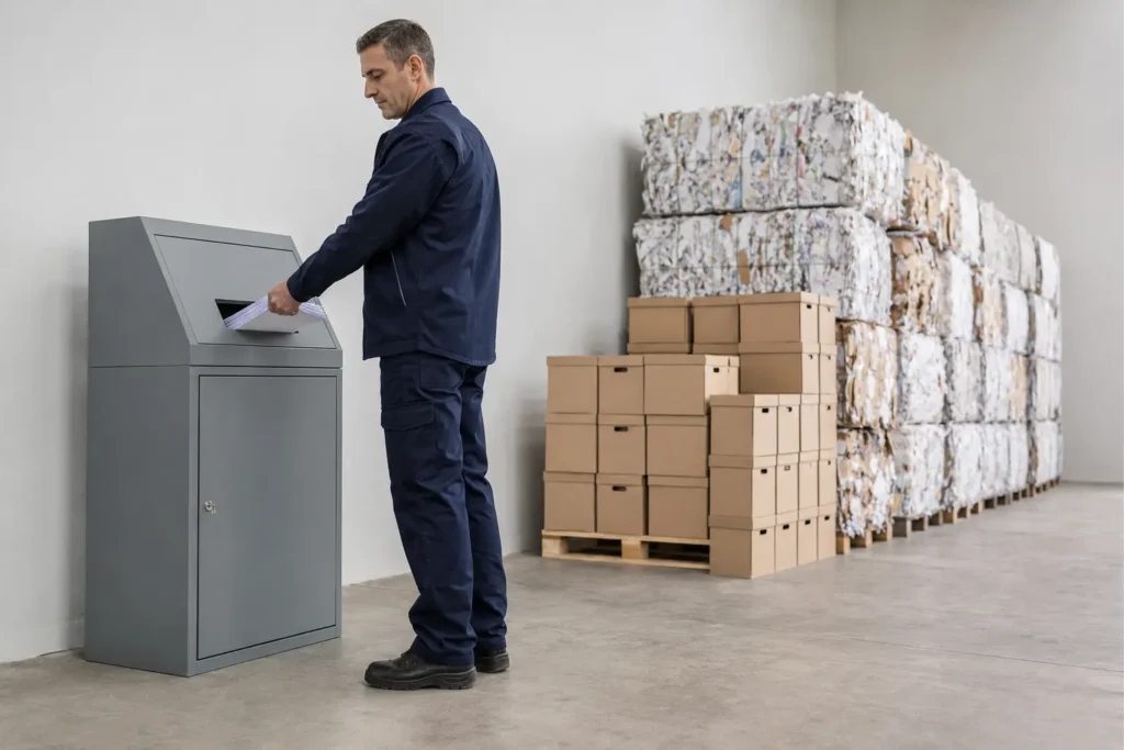 profesional depositando documentos confidenciales en un contenedor seguro para su destrucción y reciclaje