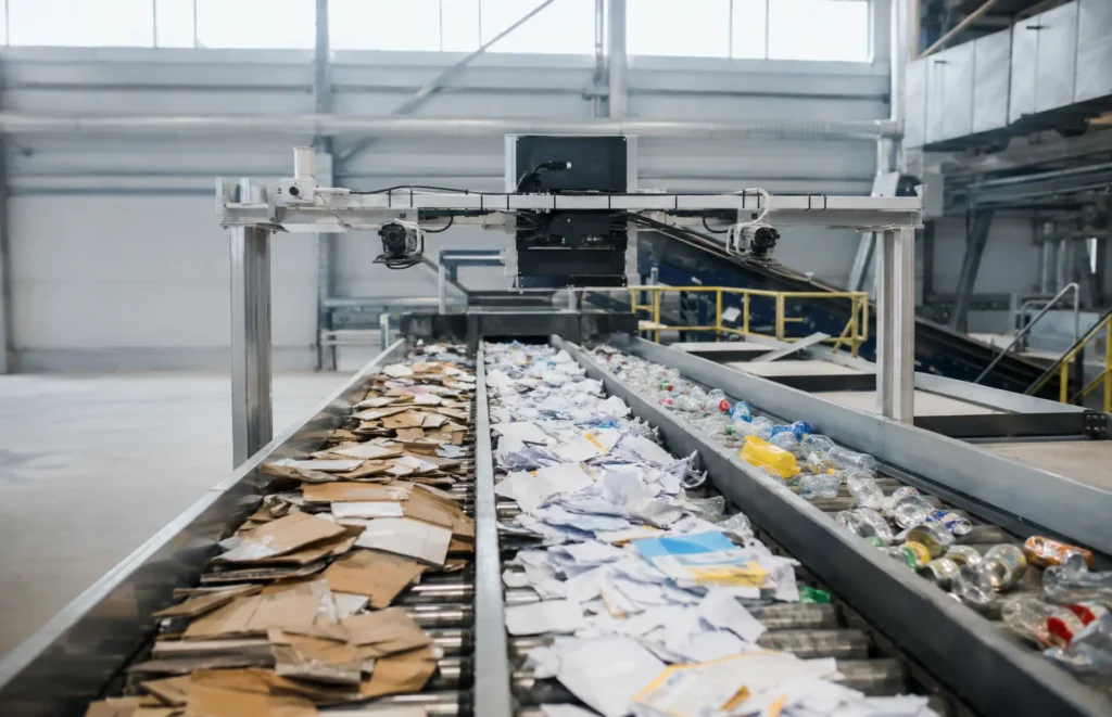 línea de clasificación de papel, cartón, plásticos y metales con cámaras y sensores