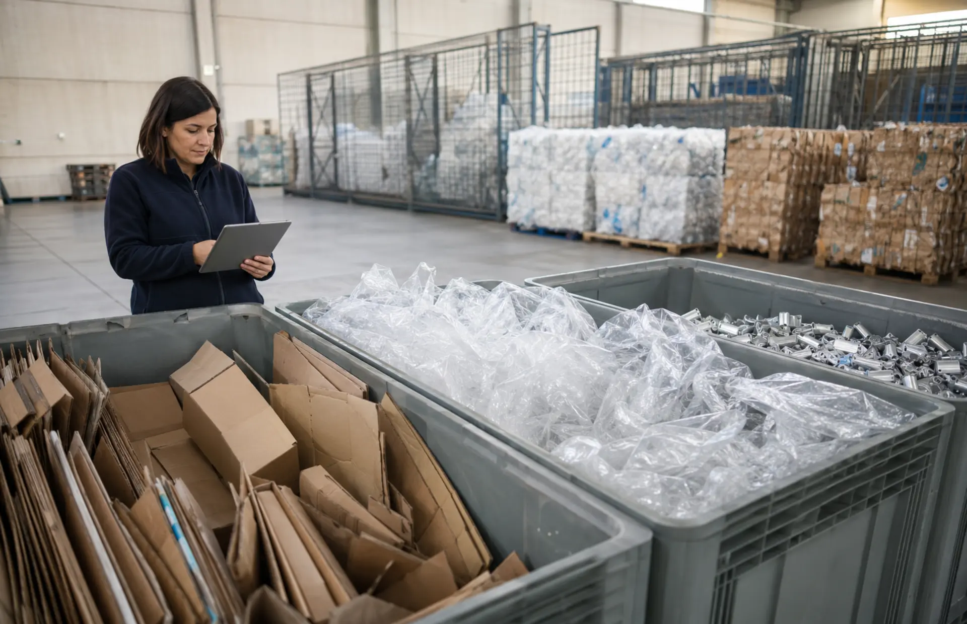 cartón, film plástico y piezas metálicas separados en una empresa antes de su recogida