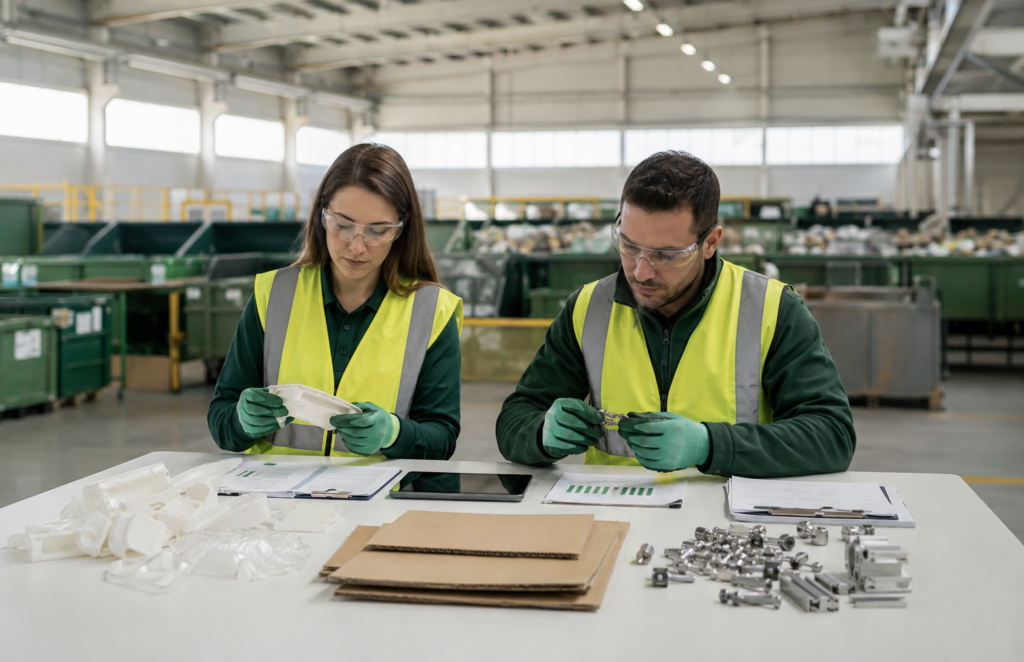 Técnicos revisando muestras de residuos industriales para un proyecto de valorización en Murcia