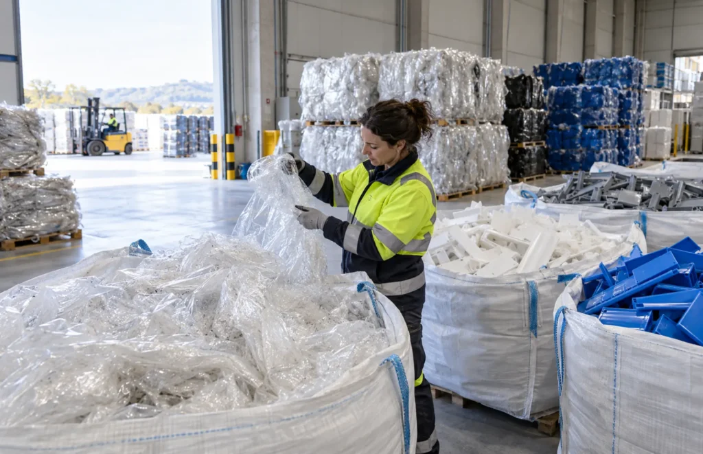 trabajadora revisando residuos plásticos industriales separados por tipo antes de la recogida
