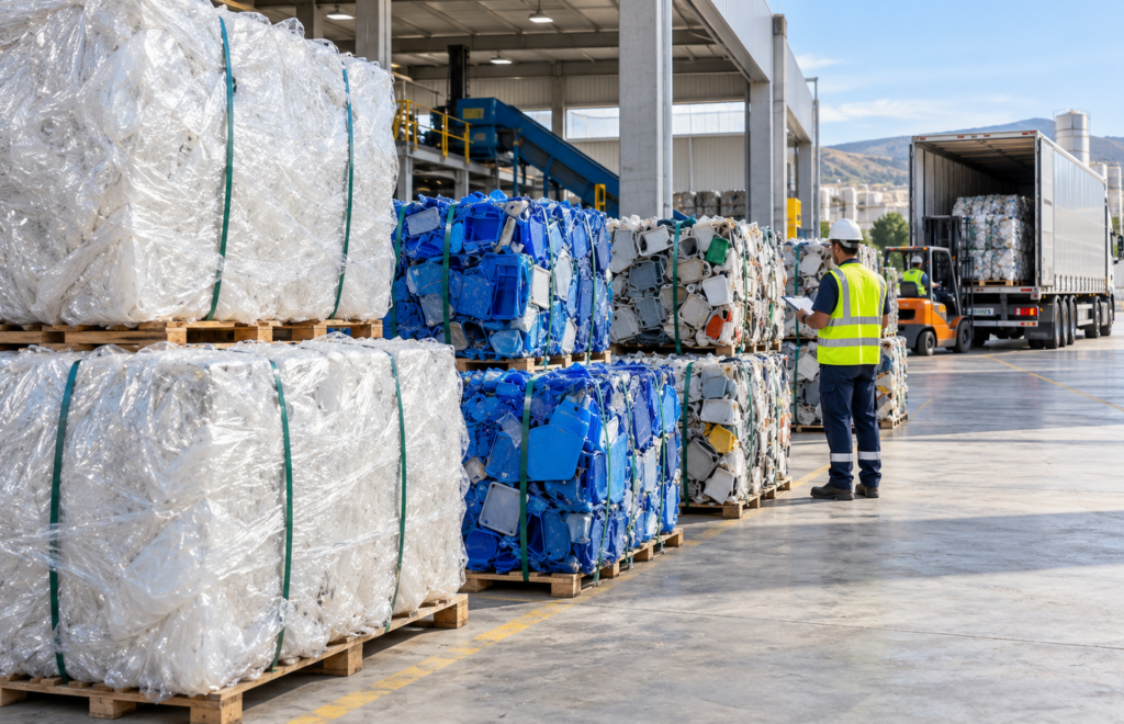 Balas clasificadas de residuos plásticos preparadas para reciclaje y transporte controlado